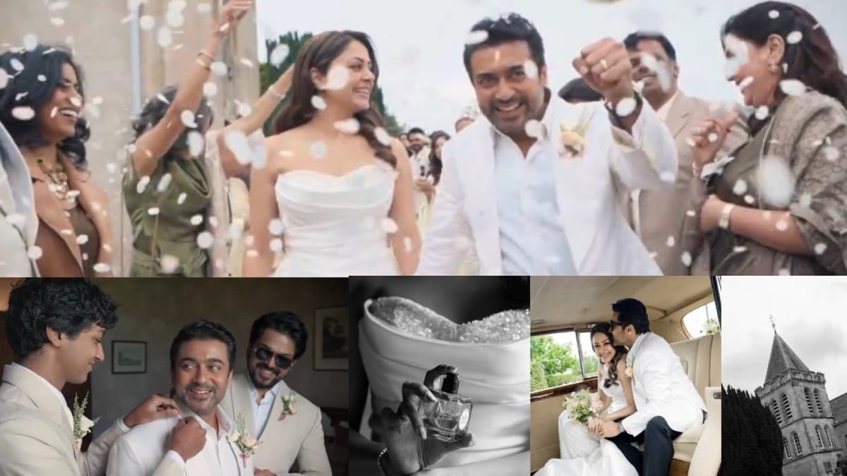 Suriya and Jyotika during their 20th anniversary vow renewal ceremony with children Diya and Dev